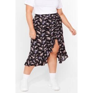 [Nasty Gal] Black Pink Floral Print Ruched Side Ruffle Hem Midi Skirt Size US 16
